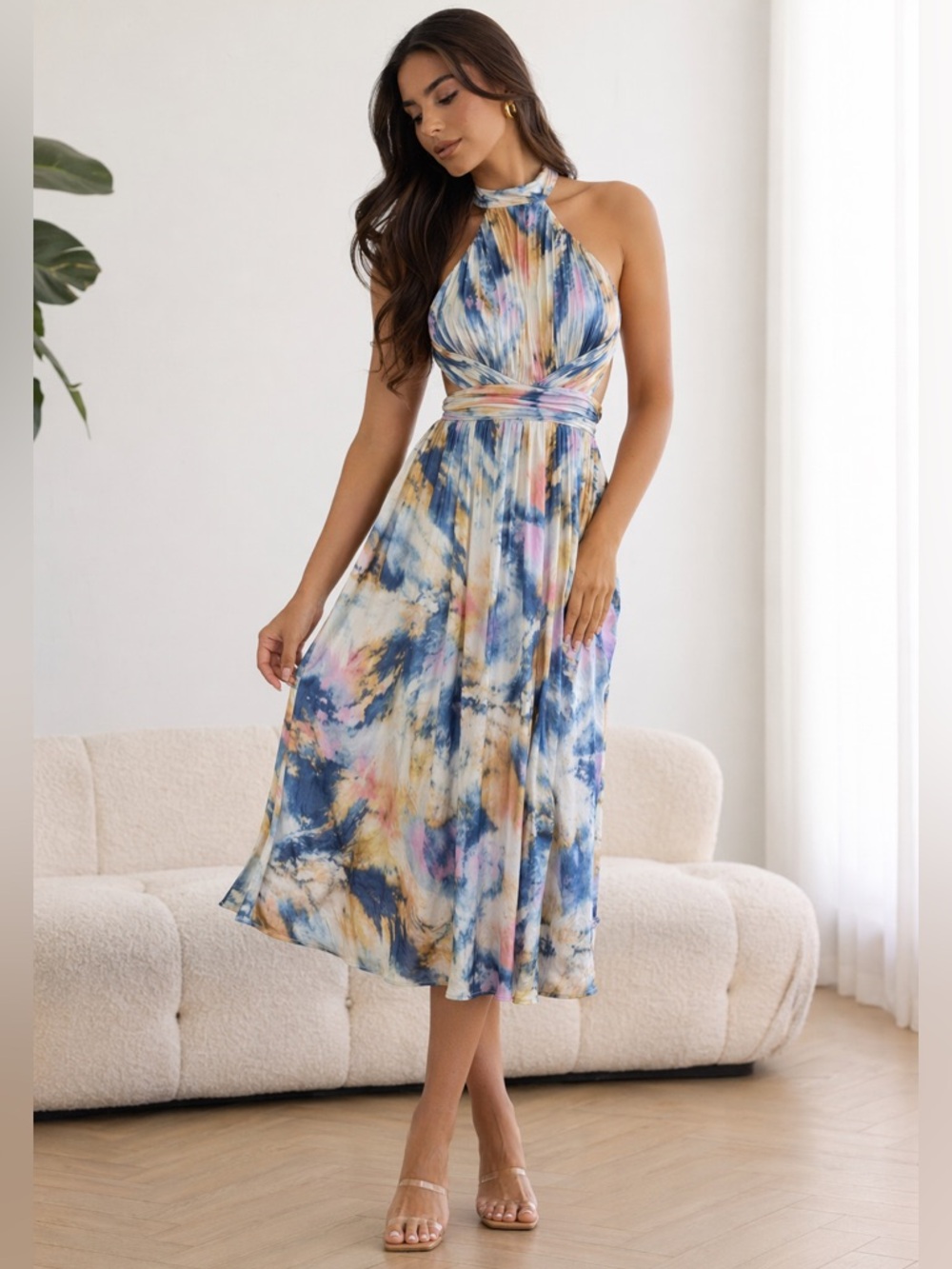NWT Dress The Population Alexia Sky Halter Sleeveless Open Back Midi Dress